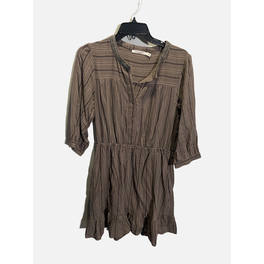 Ellison‎ Mini Dress Womens Medium Brown Striped Boho Ruffle Crochet Trim Casual